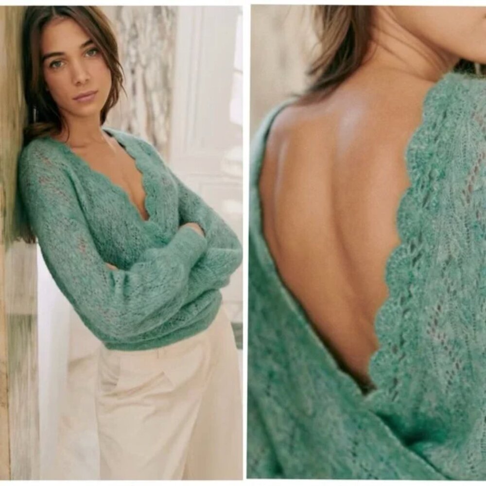 Sezane Teal Open-Back Mohair Blend Sweater